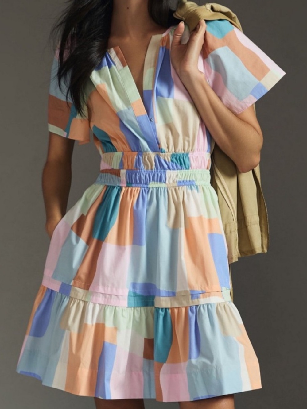 Anthropologie Somerset Geo Print Tiered Smocked Waist Short Sleeve Mini Dress S